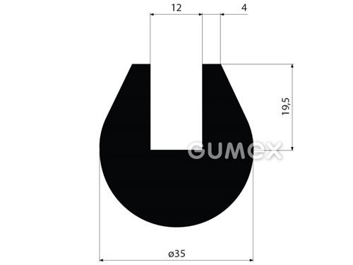Gumový profil kruhový, priemer 35mm, drážka 12mm, 70°ShA, EPDM, -40°C/+100°C, čierny